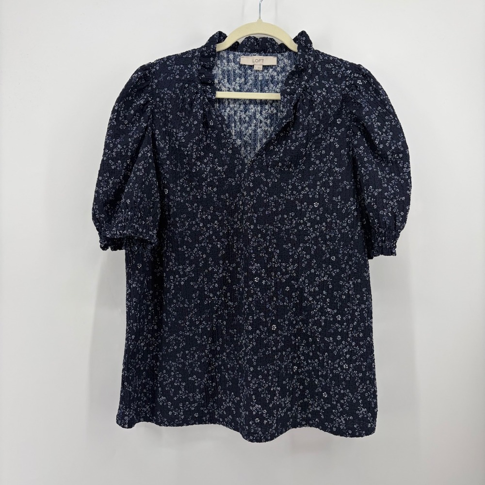 LOFT Womens Large Navy Blue Floral Puff Sleeve Ruffle V-Neck Blouse